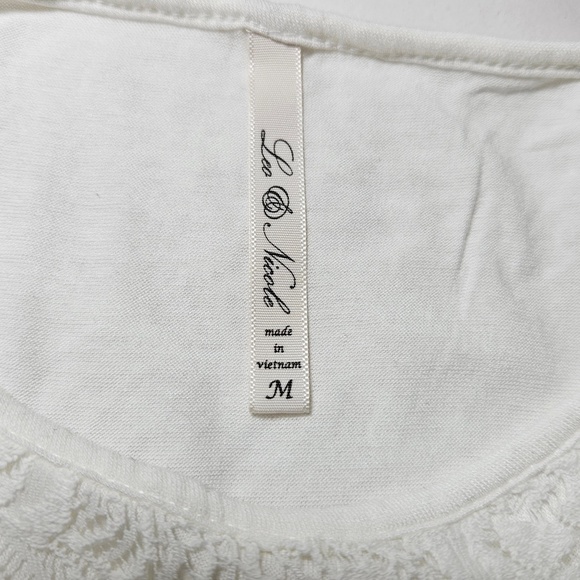 Leo & Nicole Ivory Lace Overlay Scoop Neck Short Sleeve Jersey Knit Top Womens M - Picture 4 of 7